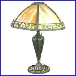 Antique Raynaud Arts & Crafts Polychromed Slag Glass Lamp, Leaf & Berry, C1920