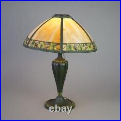 Antique Raynaud Arts & Crafts Polychromed Slag Glass Lamp, Leaf & Berry, C1920