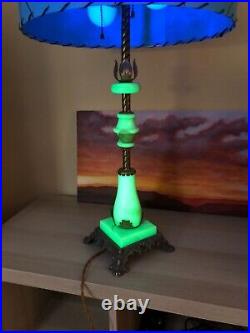 Antique Retro Houze Akro Agate Jadeite Slag Glass Double Socket Lamp Blue Shade