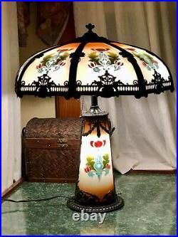Antique Reverse Painted Lamp Handel Era 8 Panel Slag Glass
