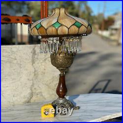 Antique Rochester Victorian Crystal Brass Table Lamp with Stained Slag Glass Shade