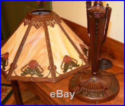 Antique Rose Slag Glass 8 Panel Table Lamp Shade, & Signed Rainaud Base