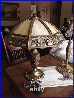 Antique SIGNED Bradley Hubbard Table Lamp Convex Slag Glass Grapes Vines Leaves