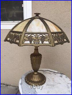 Antique SIGNED Bradley Hubbard Table Lamp Convex Slag Glass Grapes Vines Leaves