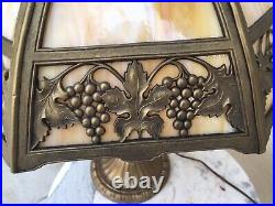 Antique SIGNED Bradley Hubbard Table Lamp Convex Slag Glass Grapes Vines Leaves