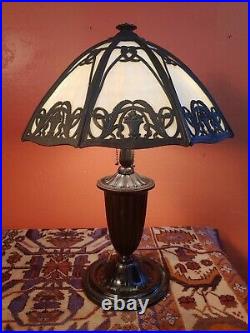 Antique SIGNED Bradley Hubbard Table Lamp Slag Glass Shade- Flower Baskets-Wheat