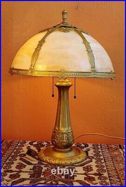 Antique SIGNED Golden Miller Table Lamp Slag Glass Shade 6 panels