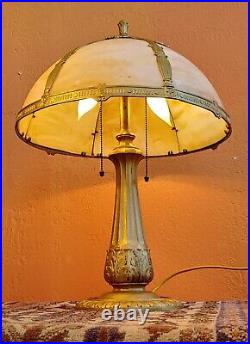 Antique SIGNED Golden Miller Table Lamp Slag Glass Shade 6 panels