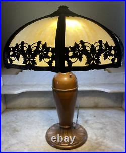 Antique SIGNED Miller Company Table Lamp Polygon Convex Slag Glass Vines Leaves