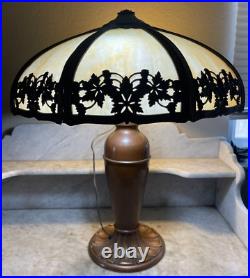 Antique SIGNED Miller Company Table Lamp Polygon Convex Slag Glass Vines Leaves