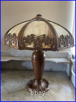 Antique SIGNED Miller Company Table Lamp Polygon Convex Slag Glass Vines Leaves