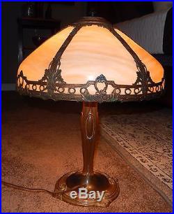 Antique SIX PANEL Slag Glass LAMP Metal OVERLAY SHADE