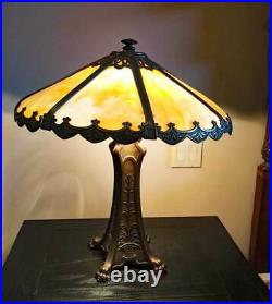 Antique SLAG GLASS TABLE LAMP 8 PANELS CLAW FOOT BASE