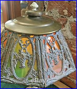 Antique Salem Bros. #10 Lamp with Leaded Slag Glass Shade Flower Basket Design