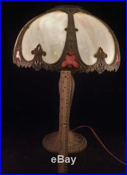 Antique Salem Bros. 12 Panel Bent Slag Glass LampArt NouveauButterfly Inserts