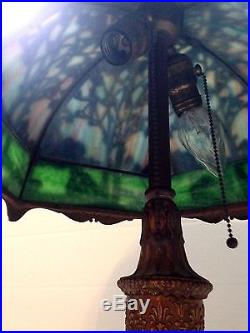 Antique Salem Bros 12 Panel Scenic Slag Glass Table Lamp Beautiful