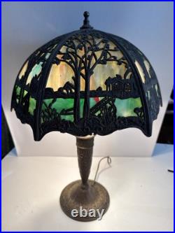 Antique Salem Bros. Slag Glass 1920's Lamp Metal Filigree Cottage Scene AS IS