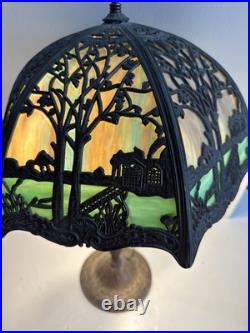Antique Salem Bros. Slag Glass 1920's Lamp Metal Filigree Cottage Scene AS IS