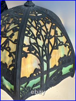 Antique Salem Bros. Slag Glass 1920's Lamp Metal Filigree Cottage Scene AS IS