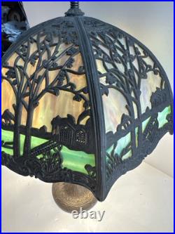 Antique Salem Bros. Slag Glass 1920's Lamp Metal Filigree Cottage Scene AS IS