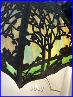 Antique Salem Bros. Slag Glass 1920's Lamp Metal Filigree Cottage Scene AS IS