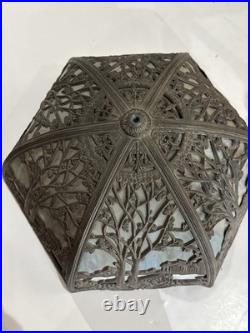 Antique Salem Bros. Slag Glass 1920's Lamp Metal Filigree Cottage Scene AS IS