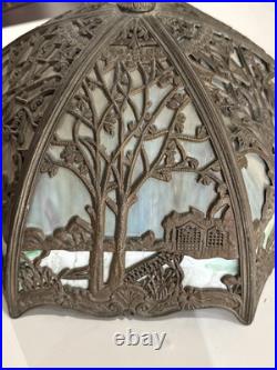 Antique Salem Bros. Slag Glass 1920's Lamp Metal Filigree Cottage Scene AS IS