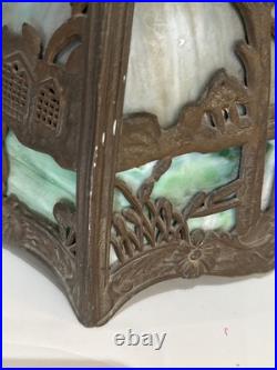 Antique Salem Bros. Slag Glass 1920's Lamp Metal Filigree Cottage Scene AS IS