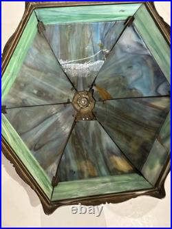 Antique Salem Bros. Slag Glass 1920's Lamp Metal Filigree Cottage Scene AS IS
