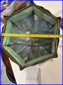 Antique Salem Bros. Slag Glass 1920's Lamp Metal Filigree Cottage Scene AS IS
