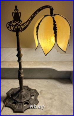 Antique Salem Brothers Bridge Arm Table Lamp Vintage Beige Slag Glass Shade
