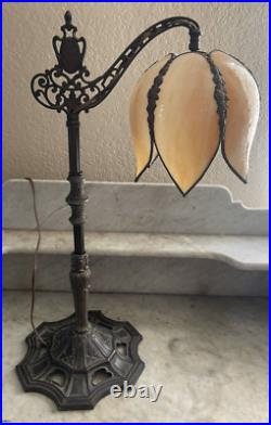 Antique Salem Brothers Bridge Arm Table Lamp Vintage Beige Slag Glass Shade