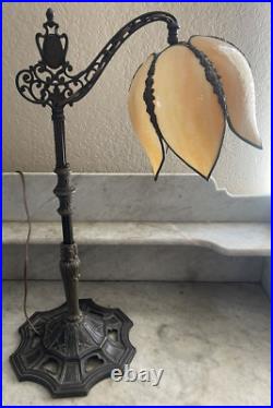 Antique Salem Brothers Bridge Arm Table Lamp Vintage Beige Slag Glass Shade