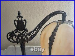 Antique Salem Brothers Bridge Arm Table Lamp Vintage Beige Slag Glass Shade