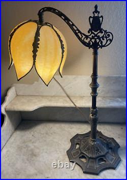 Antique Salem Brothers Bridge Arm Table Lamp Vintage Beige Slag Glass Shade