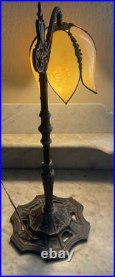 Antique Salem Brothers Bridge Arm Table Lamp Vintage Beige Slag Glass Shade