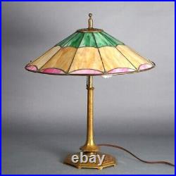 Antique Salo Leaded Slag Glass Table Lamp with Bronze Base C1920 Antique Salo Leaded Slag Glass Table Lamp with Bronze Base C1920