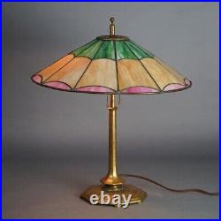 Antique Salo Leaded Slag Glass Table Lamp with Bronze Base C1920 Antique Salo Leaded Slag Glass Table Lamp with Bronze Base C1920