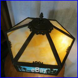 Antique Scenic Slag Glass Lamp 3 Sockets Arts & Crafts Miller Handel Signed WB