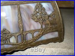 Antique Scenic Slag Glass Lamp Shade 6 Panels Brass Bronze Overlay 18