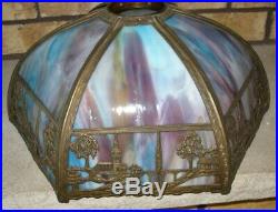 Antique Scenic Slag Glass Lamp Shade 6 Panels Brass Bronze Overlay 18