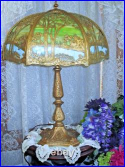 Antique Scenic Slag Glass Panel Lamp 12 Panels 2 Color Original
