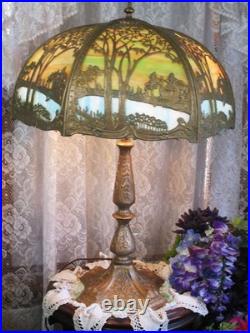 Antique Scenic Slag Glass Panel Lamp 12 Panels 2 Color Original