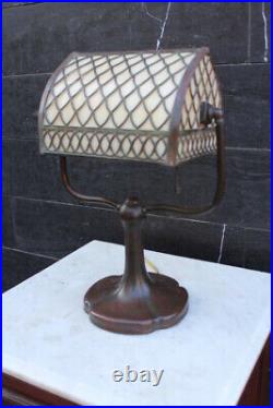 Antique Sign Handel Slag Glass Bronze Desk Lamp Fish Scale Design Shade