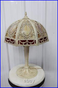 Antique Sign Royal Art Glass Table Lamp 8 Sides Shade 2 Slag Glass Colors