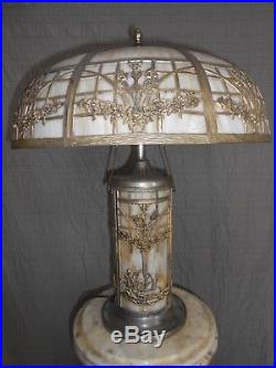 Antique Signed 1920's 8-Panel With Swans in Base Curved Slag Stained Glass Lamp