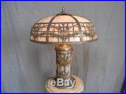 Antique Signed 1920's 8-Panel With Swans in Base Curved Slag Stained Glass Lamp