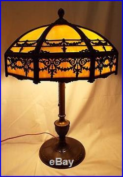 Antique Signed BRADLEY & HUBBARD Caramel SLAG Glass Electric LAMP Complete WORKS