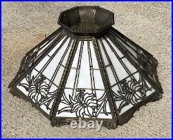Antique Signed Bradley & Hubbard 8 Panel Slag Glass Floral Table Lamp Deco Shade