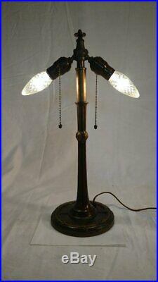 Antique Signed Bradley & Hubbard B&H table lamp leaded/slag glass Handel Era